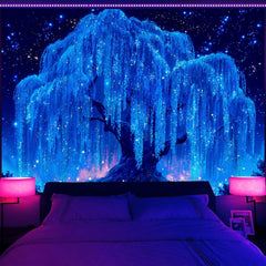 Simpkeely Blacklight Tree of Life Tapestry - UV Reactive Neon Willow & Galaxy Starry Night Wall Hanging, Mystical Aesthetic Wall Art for Bedroom, Living Room & Party Decor