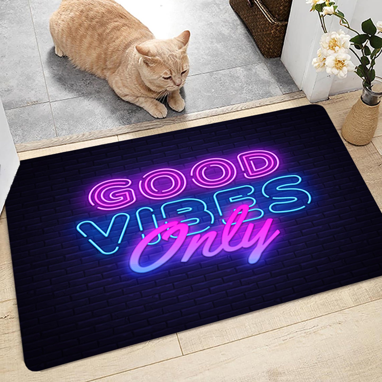 Simpkeely Neon Area Rug, Blacklight Good Vibes Only UV Reactive Non-Slip Door Throw Rug Fluorescent Flannel Floor Mat Carpet, Glow in The Dark Play Mat for Bedroom, Playroom