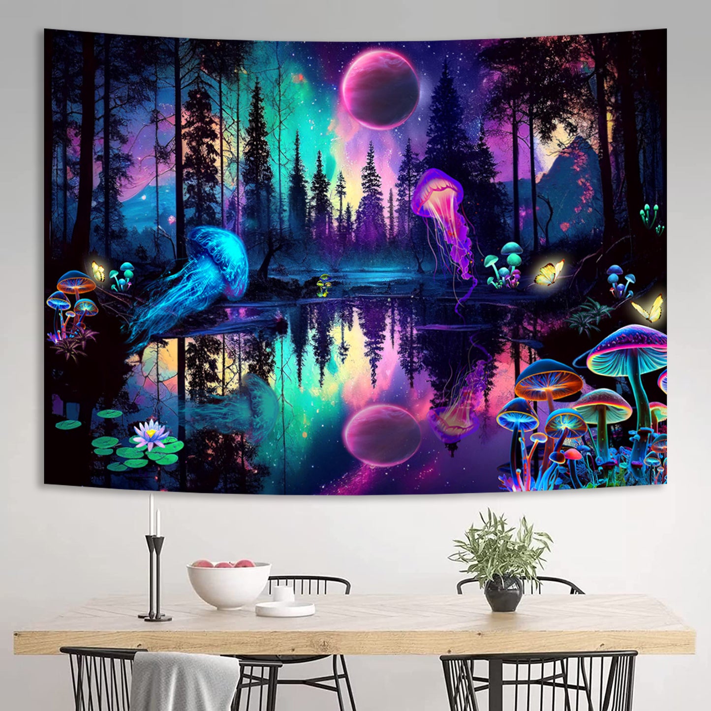 Simpkeely Fantasy Forest Jellyfish Tapestry, Blacklight Colorful Mushroom Butterfly Wall Hanging, UV Reactive Moon Reflection Glow in The Dark Tapestries for Bedroom Aesthetic