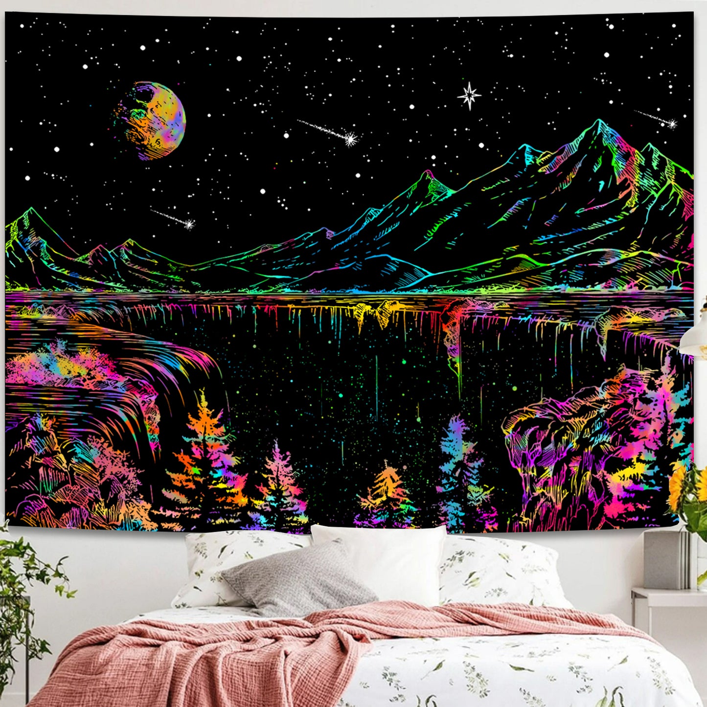 Simpkeely Blacklight Mountain Tapestry, Galaxy Meteor Aesthetic UV Reactive Tapestries, Forest Moon and Stars Starry Night Glow in The Dark Wall Hanging Tapestry for Bedroom, Living Room