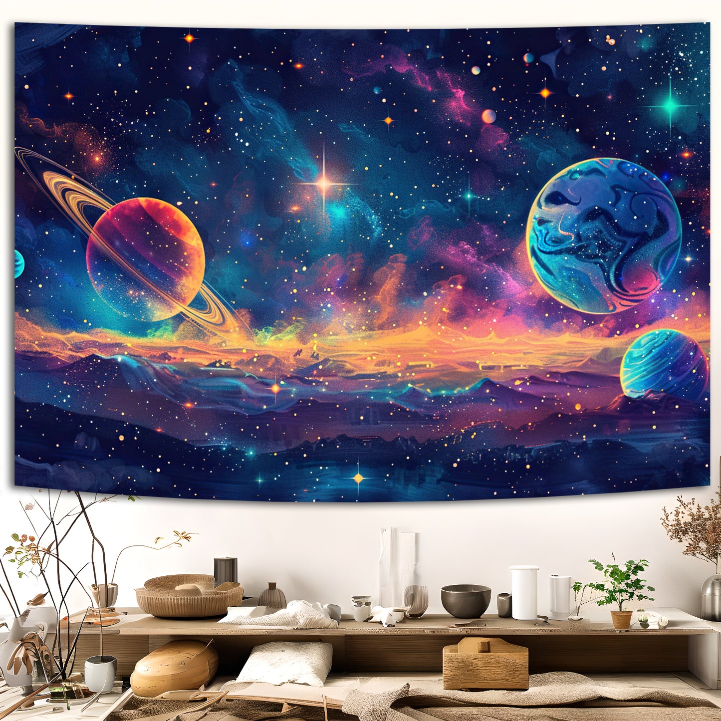 Simpkeely Blacklight Galaxy Tapestry, Vibrant Cosmic Design with Planets Stars Nebulae – Celestial Space Art Home Décor for Bedroom, Living Room