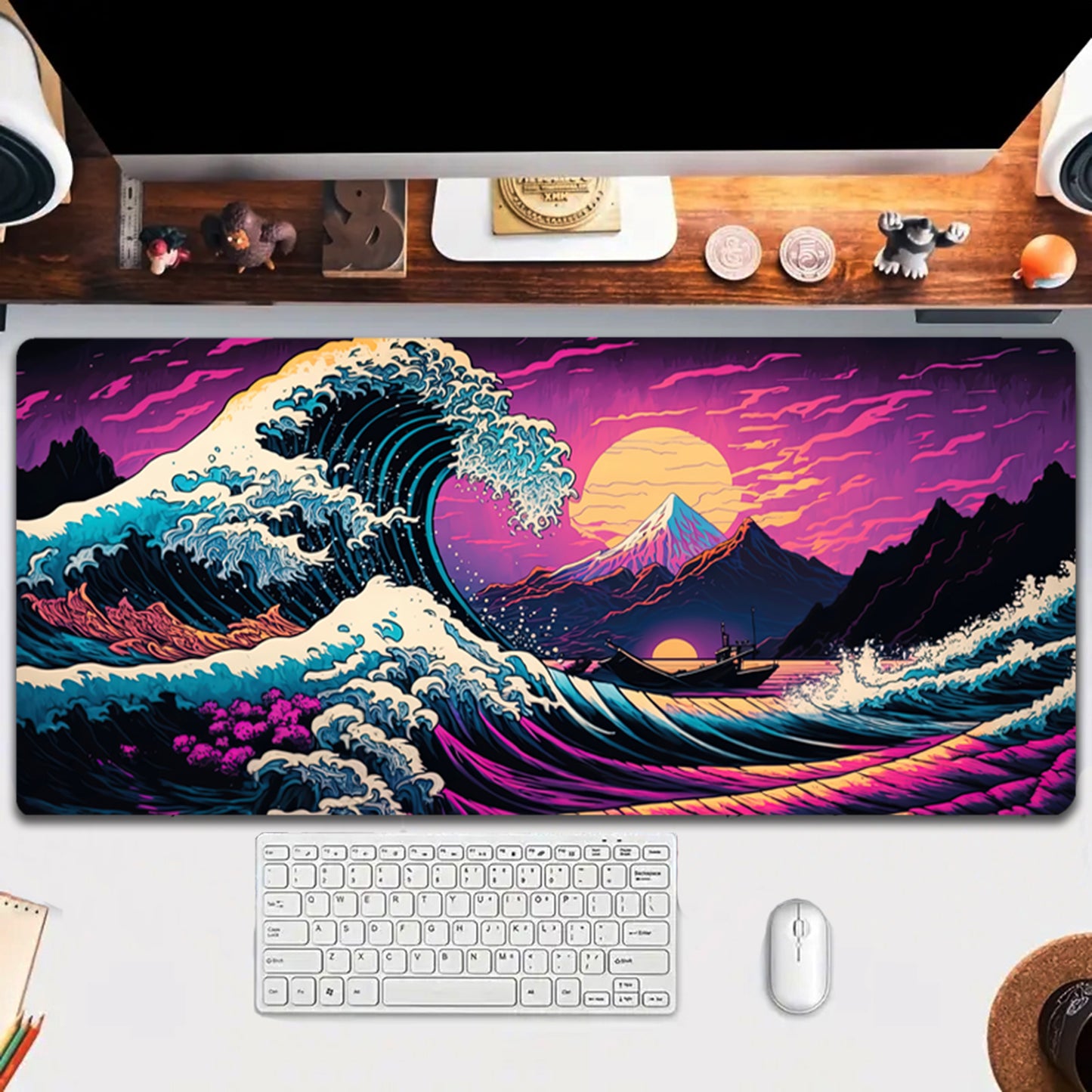 Simpkeely Large Japanese Sea Wave Gaming Mouse Pad - Blacklight Kanagawa Waterproof Desk Mat, Extended Non-Slip Rubber Base, Office & Home Computer Keyboard Pad