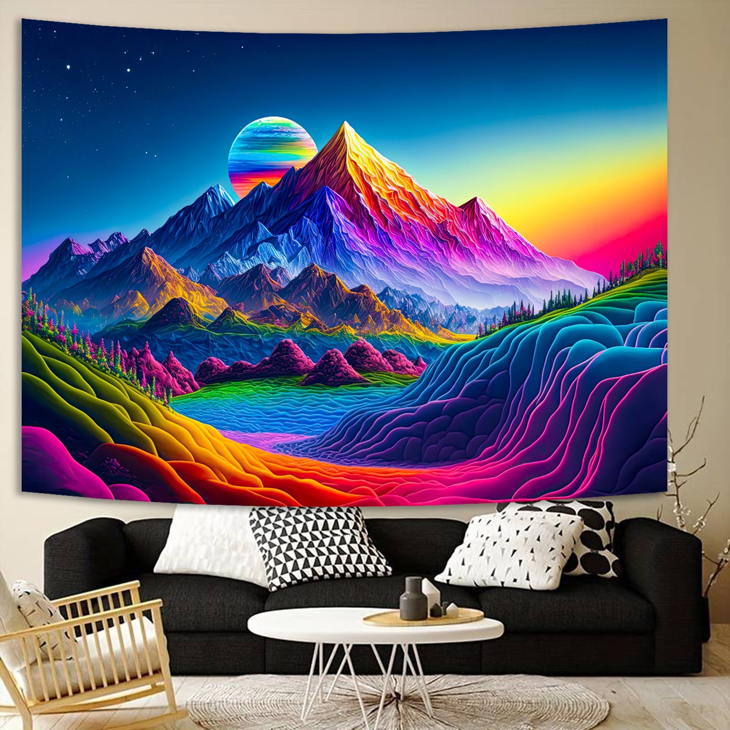 Simpkeely Sunset Mountain Tapestry, Blacklight Colorful Forest Lake UV Reactive Tapestry, Neon Glow in The Dark Starry Stars Nature Landscape Wall Hanging Tapestries for Bedroom