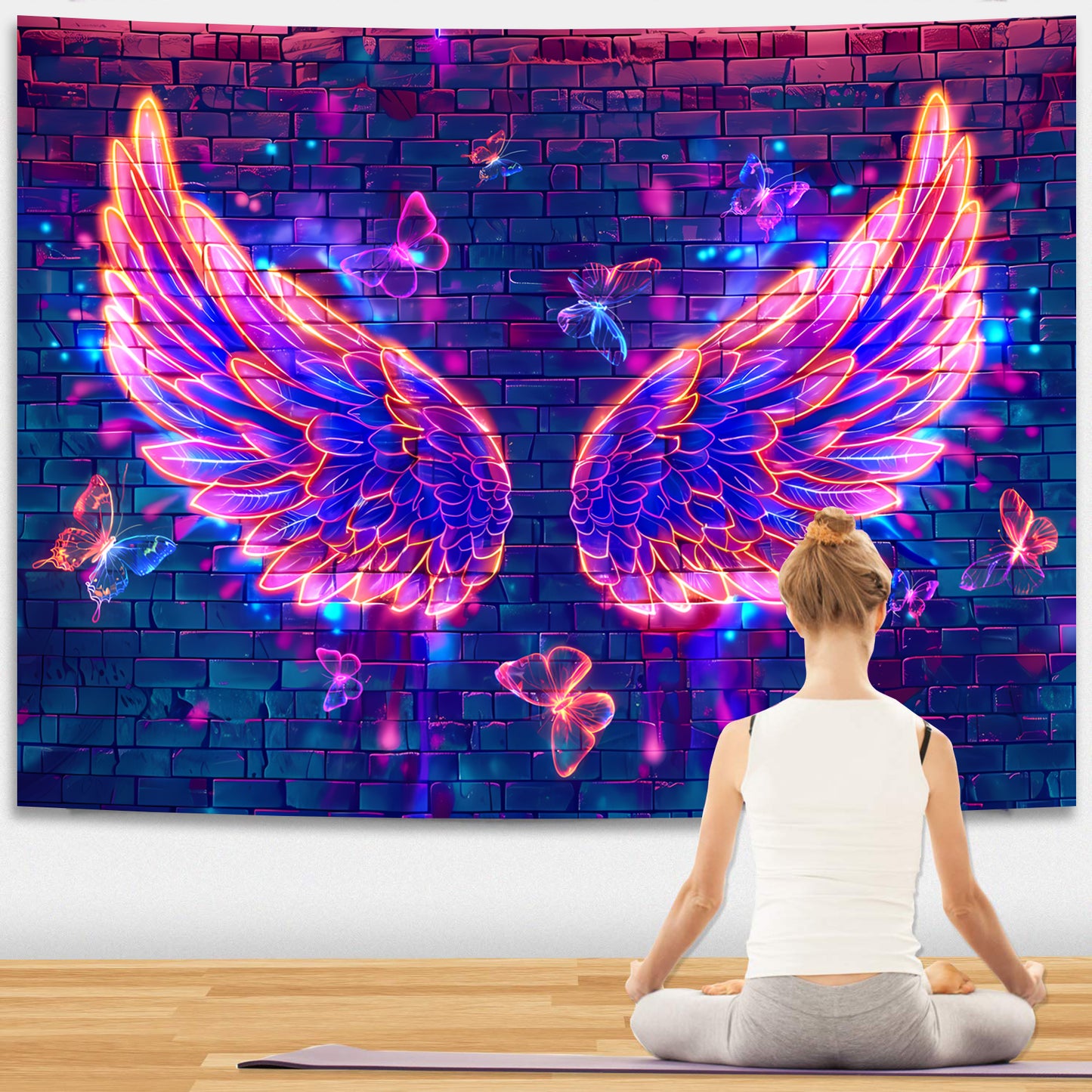 Simpkeely Blacklight Angel Wings Tapestry - UV Reactive Neon Butterfly Aesthetic Wall Art Decor for Bedroom, Living Room