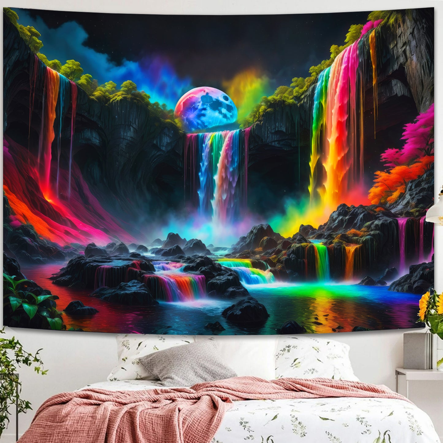 Simpkeely Blacklight Fantasy Waterfall Planet Tapestry UV Reactive Nature Neon Landscape Mountain Wave Tapestry Wall Hanging