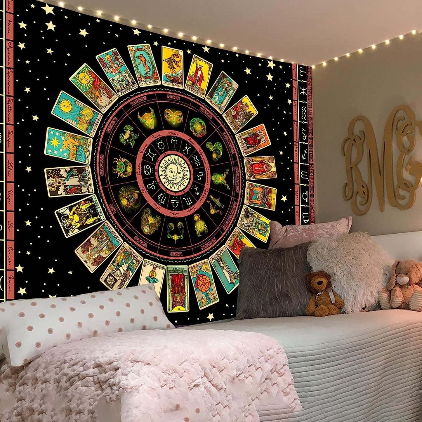 Simpkeely Blacklight Astrology Tarot Tapestry, Wheel of The Zodiac Spiritual Tapestries, UV Reactive Stars Constellation Decoration Wall Hanging Neon Tapestry for Bedroom Aesthetic