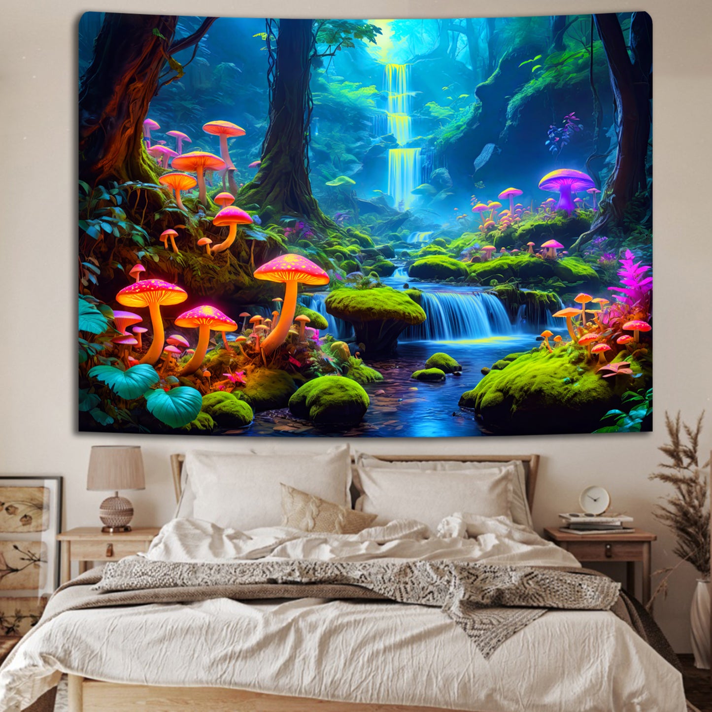 Simpkeely Magical Blacklight Forest Tapestry - UV Reactive Neon Mushroom Waterfall Fairy Landscape Glow in the Dark Wall Art for Bedroom, Dorm Decor