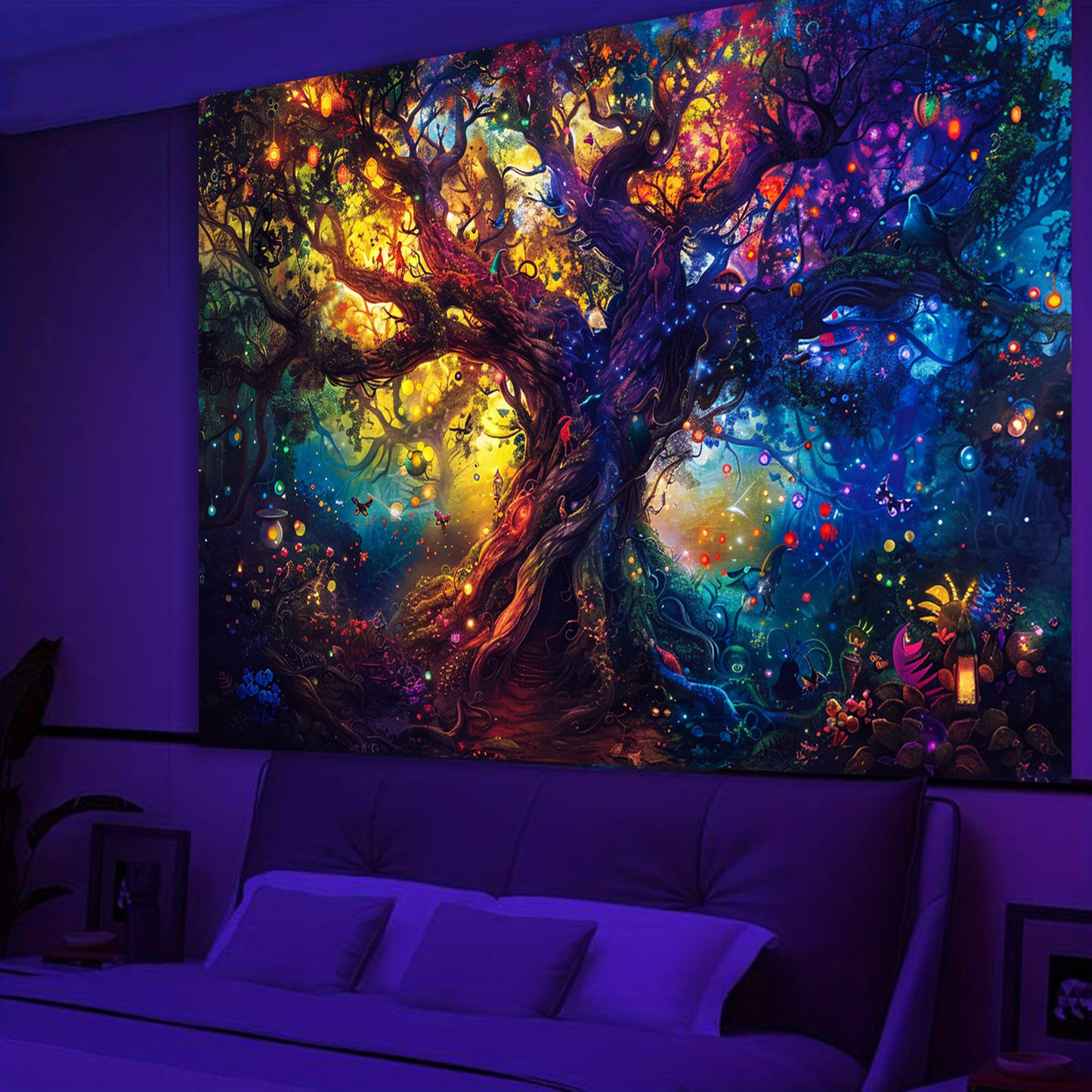 Simpkeely UV Reactive Tree of Life Blacklight Tapestry - Fantasy Forest Fairy Wall Hanging for Bedroom