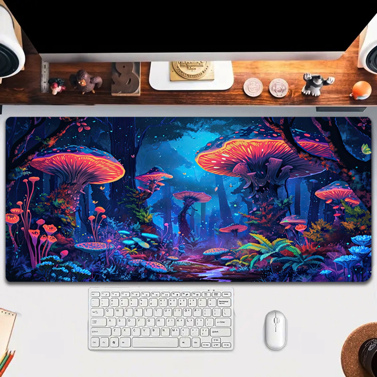 Simpkeely Large Fantasy Mushroom Gaming Mouse Pad - Blacklight Forest Desk Mat, Glowing Waterproof Extended Non-Slip Rubber Base, Office & Home Keyboard Pad