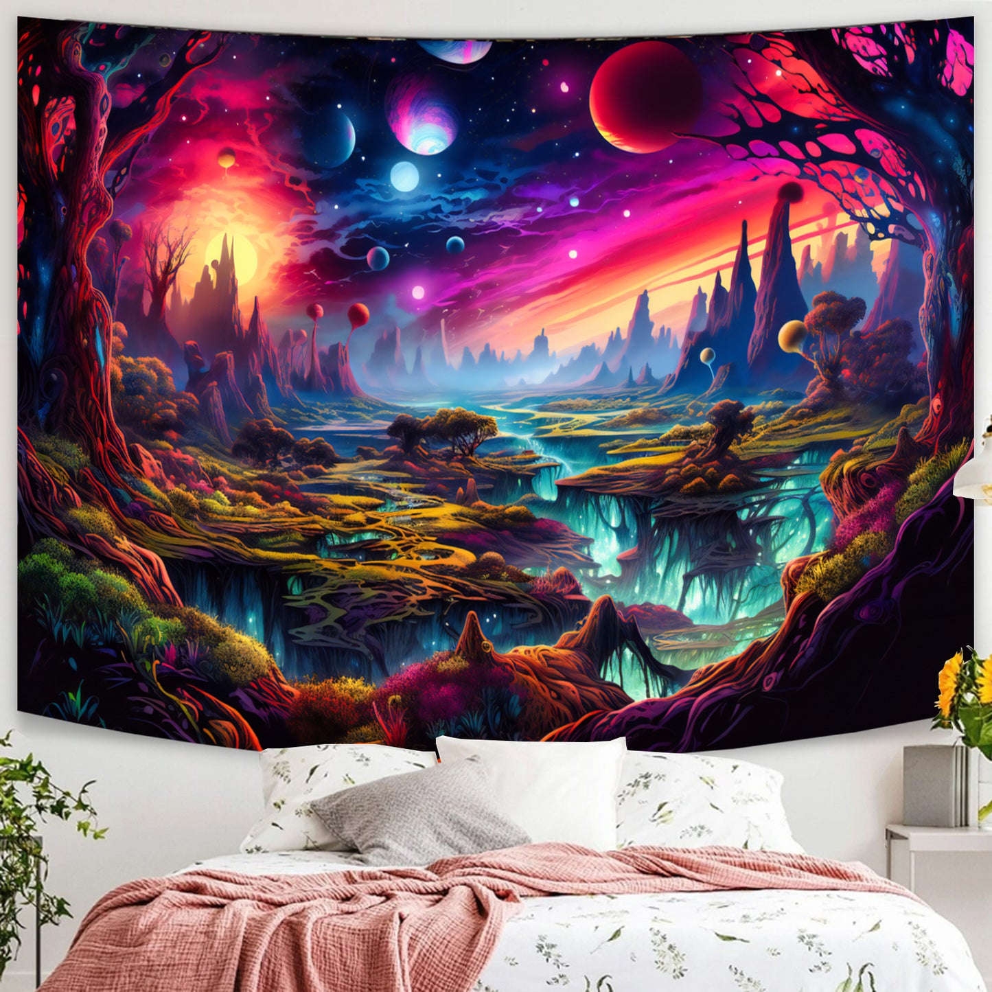 Simpkeely Fantasy Planet Tapestry Blacklight Landscape UV Reactive Galaxy Glowing Tapestries Wall Hanging