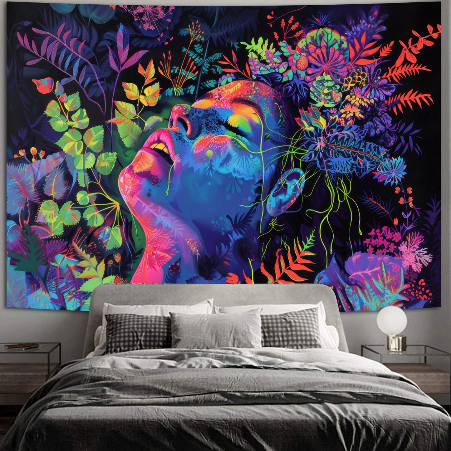 Simkeely Blacklight Botanical Goddess Tapestry, UV Reactive Floral Woman Wall Hanging, Neon Glow in the Dark Nature Art for Bedroom, Living Room, Meditation Space