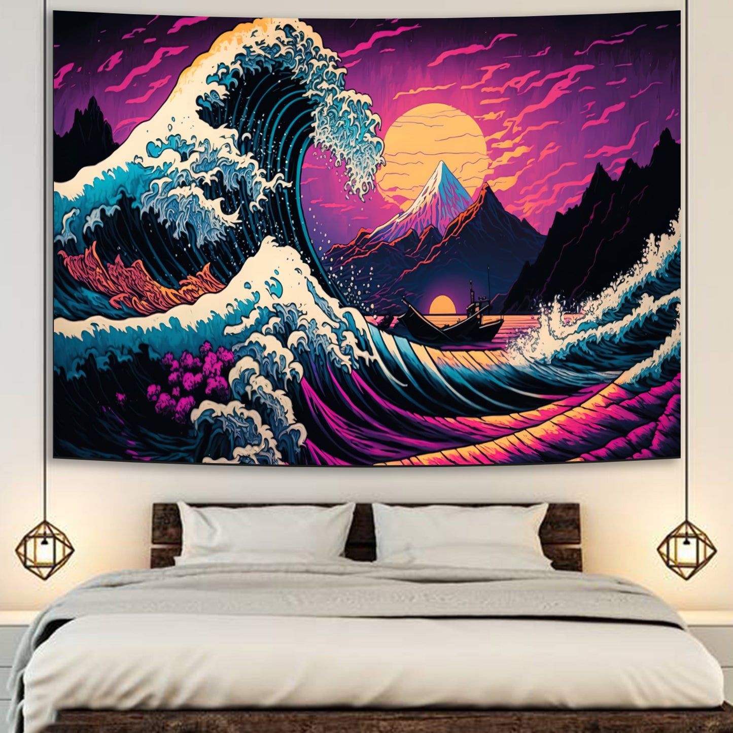Simpkeely Japanese Sea Wave Tapestry, Blacklight Kanagawa Neon Sunset Ocean Tapestries Wall Hanging, UV Reactive Cool Tsunami Tapestry Wall Art for Bedroom, Living Room