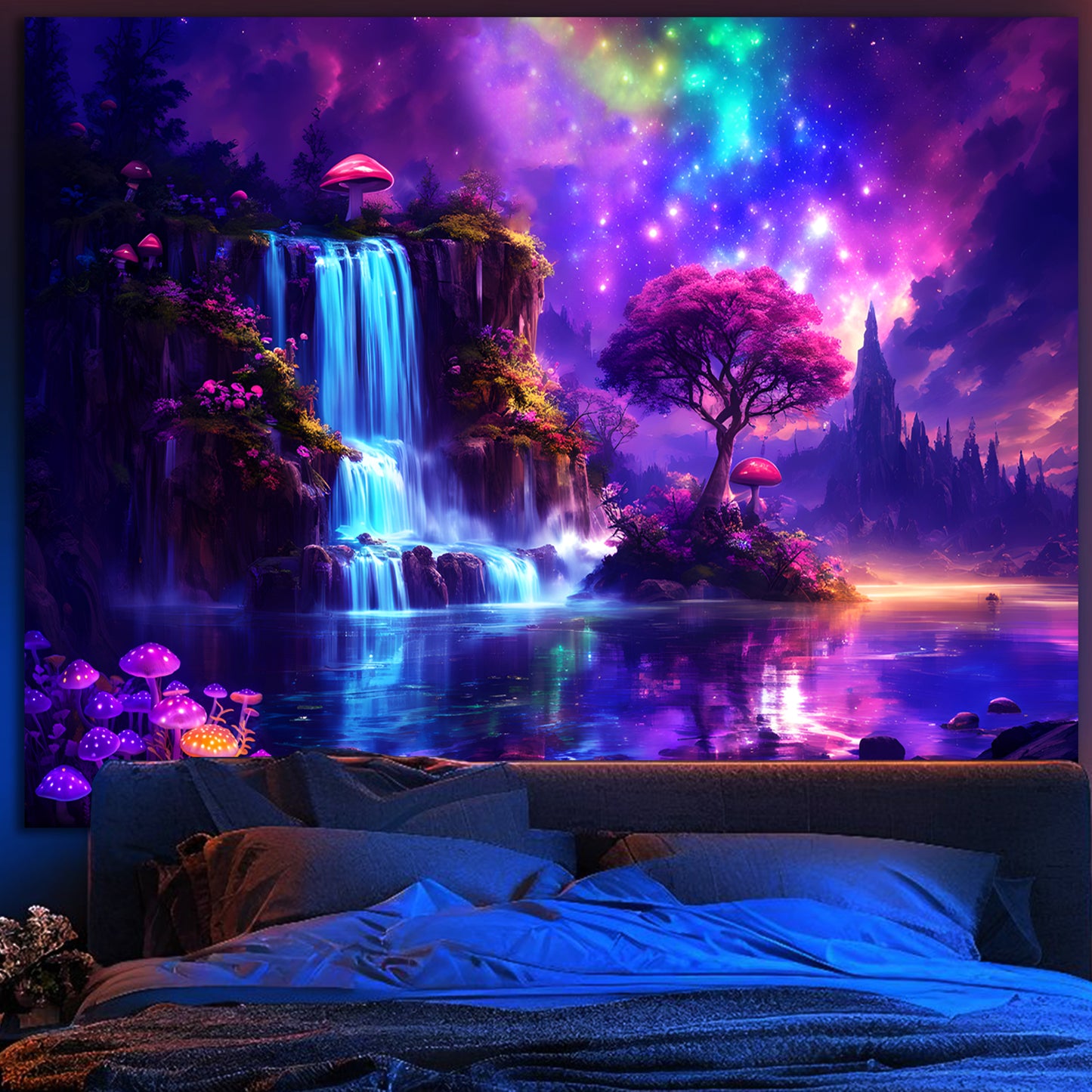 Simpkeely Fantasy Galaxy Waterfall Tapestry - Blacklight Wonderland Tree Mushroom UV Reactive Wall Tapestries Hanging for Bedroom & Living Room