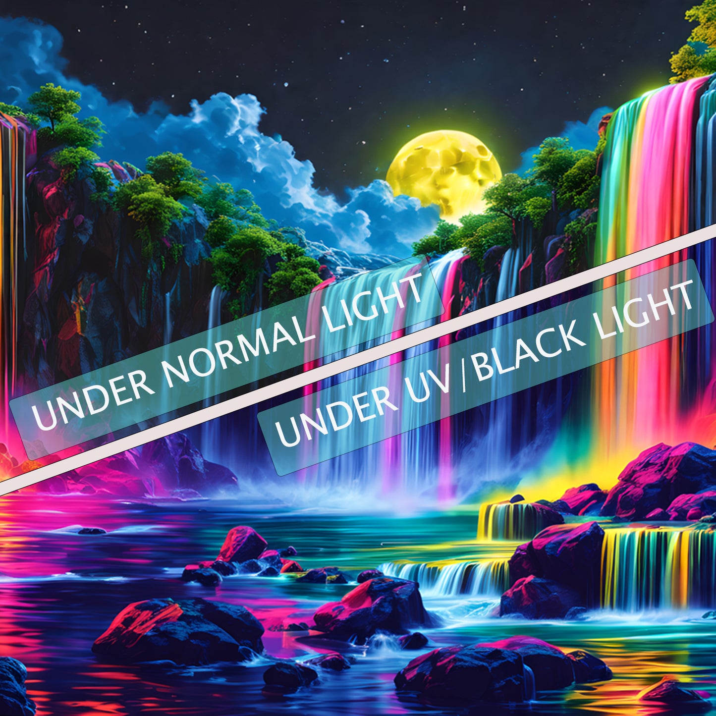 Simpkeely Blacklight Fantasy Waterfall Moon Tapestry, UV Reactive Nature Tapestry Neon Landscape Mountain Rainbow Wave Tapestry Wall Hanging Tapestries for Bedroom, Living Room