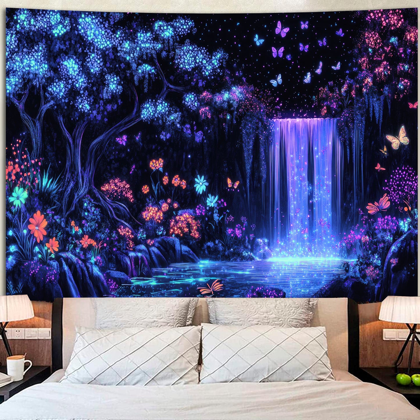Simpkeely Blacklight Waterfall Tapestry - UV Reactive Glow in The Dark Enchanted Forest Wall Hanging, Neon Butterfly & Floral Wonderland Nature Decor for Bedroom & Living Room