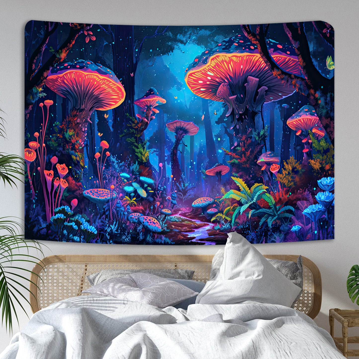 Simpkeely Wonderland Mushroom Tapestry, Blacklight Fantasy Flower Butterfly Tapestry Wall Hanging, Magical Forest Glowing Landscape Tapestry for Bedroom