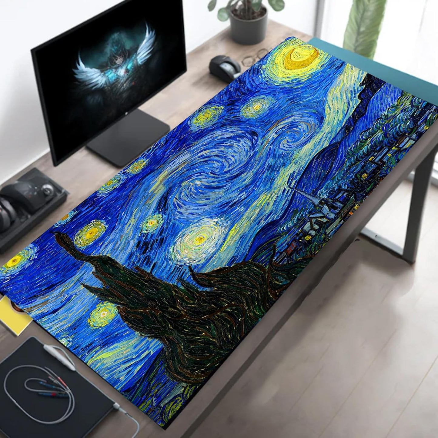 Simpkeely Blacklight Starry Night Mouse Pad, Van Gogh Painting Gaming Extended Large Desk Pad, UV Reactive Long Big Mouse Mat with 3mm Non-Slip Rubber Base for Office Home