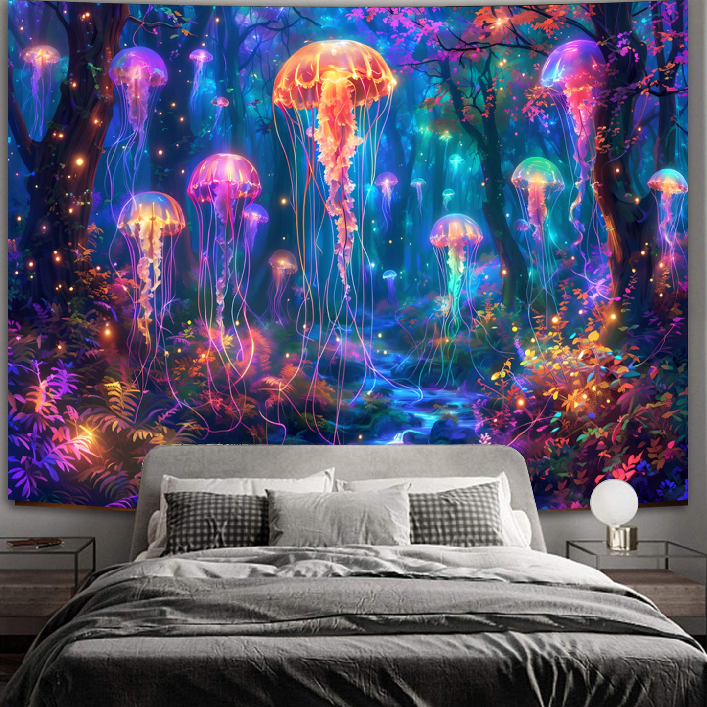 Simpkeely Blacklight Jellyfish Forest Tapestry, UV Reactive Fantasy Vibrant Neon Art Decor, Glow in the Dark Aquatic Life Wall Hanging Tapestries for Bedroom, Living Room