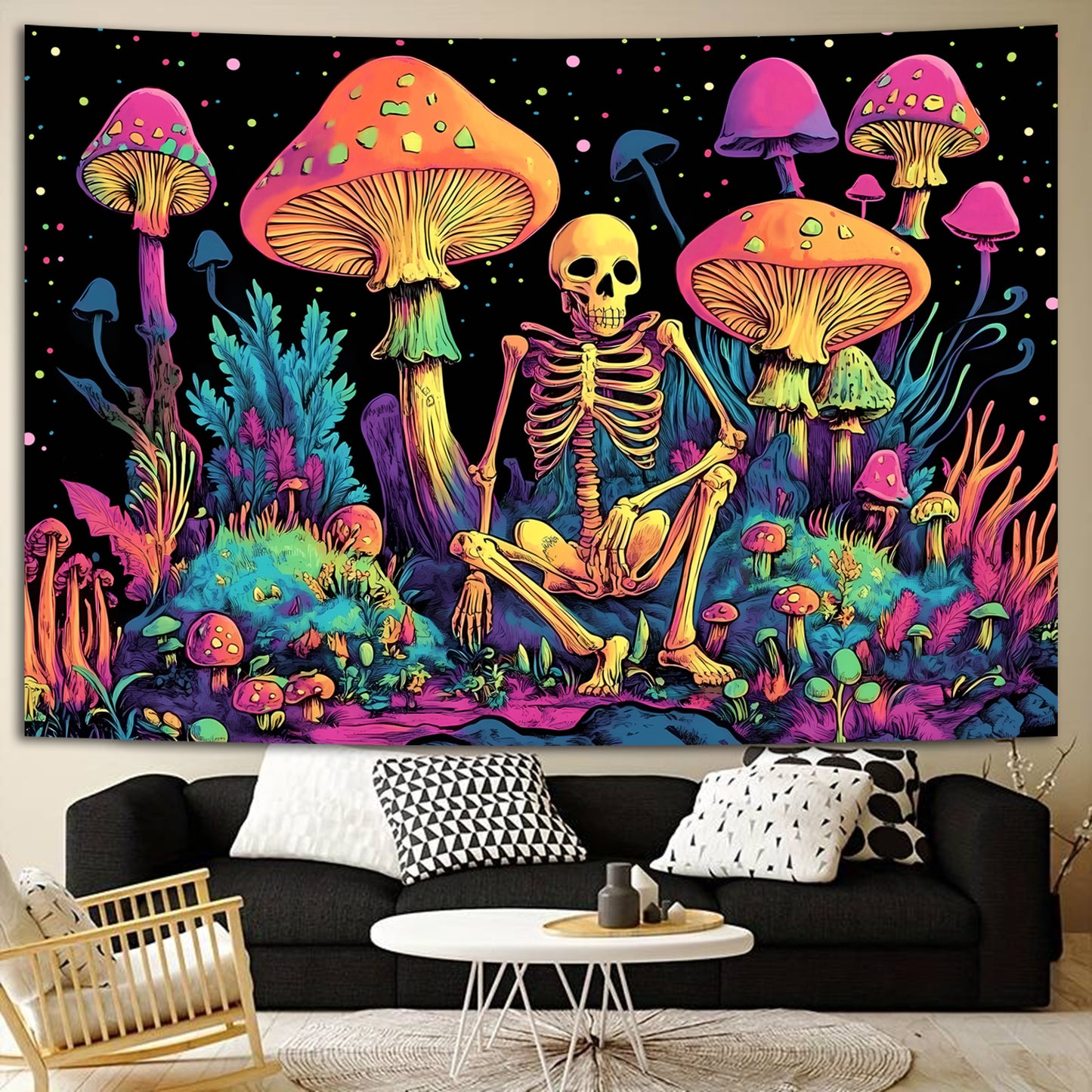 Simpkeely Blacklight Skull Mushroom Tapestry - UV Reactive Funny Skeleton Neon Wall Hanging, Glow in the Dark Forest Decor for Bedroom or Living Room