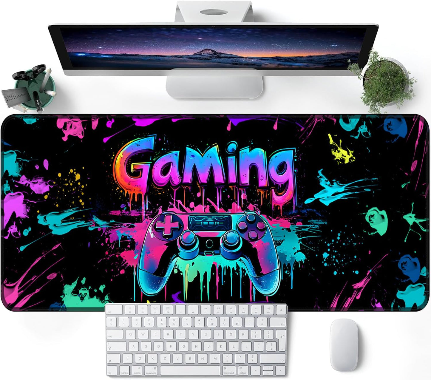 Simpkeely Gaming Mouse Pad, X-Large Waterproof Blacklight Colorful Splatter Art Game Controller Non-Slip Rubber Base Mousemat, Glow in The Dark Desk Mat for Office Home - 31.5" x 11.8"