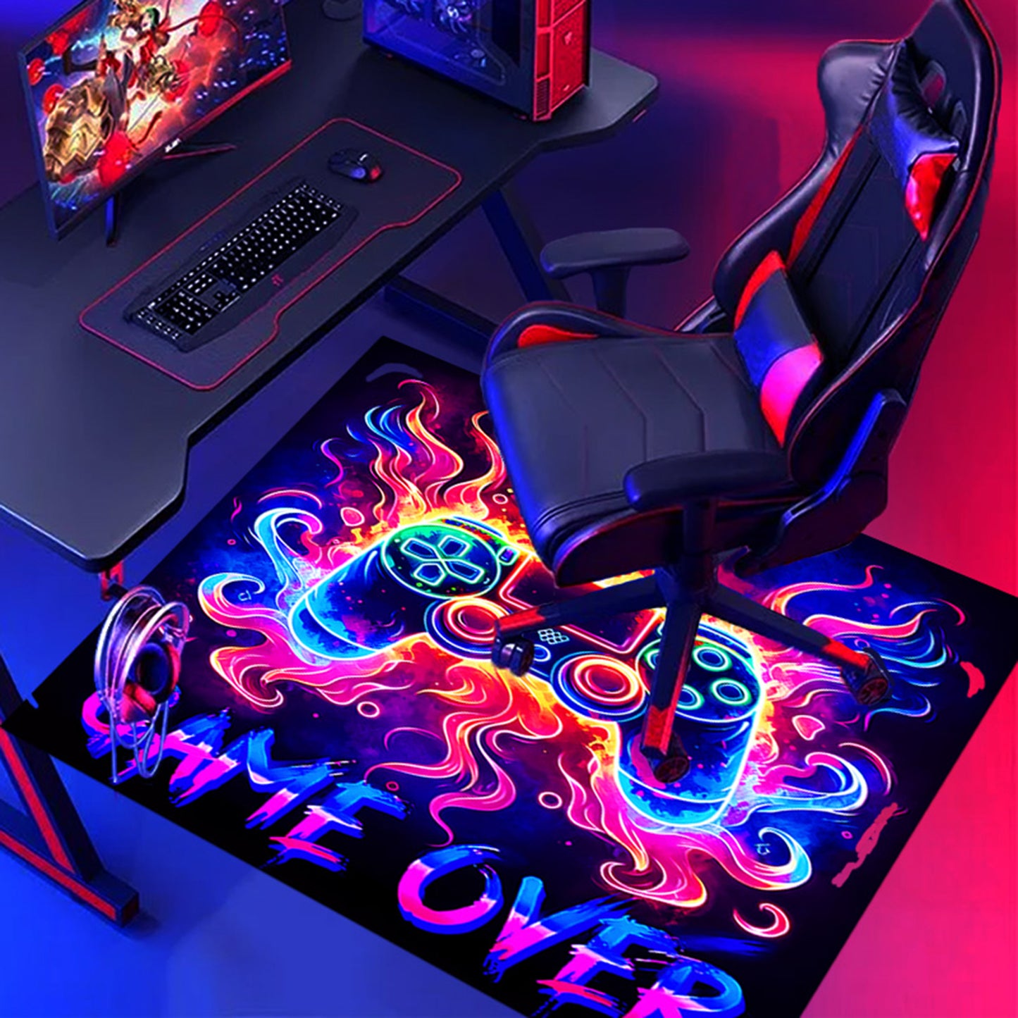 Simpkeely Neon Gaming Area Rug, Blacklight UV Reactive Game Controller Non-Slip Door Throw Rug Fluorescent Flannel Floor Mat Carpet, Glow in The Dark Play Mat for Bedroom, Playroom