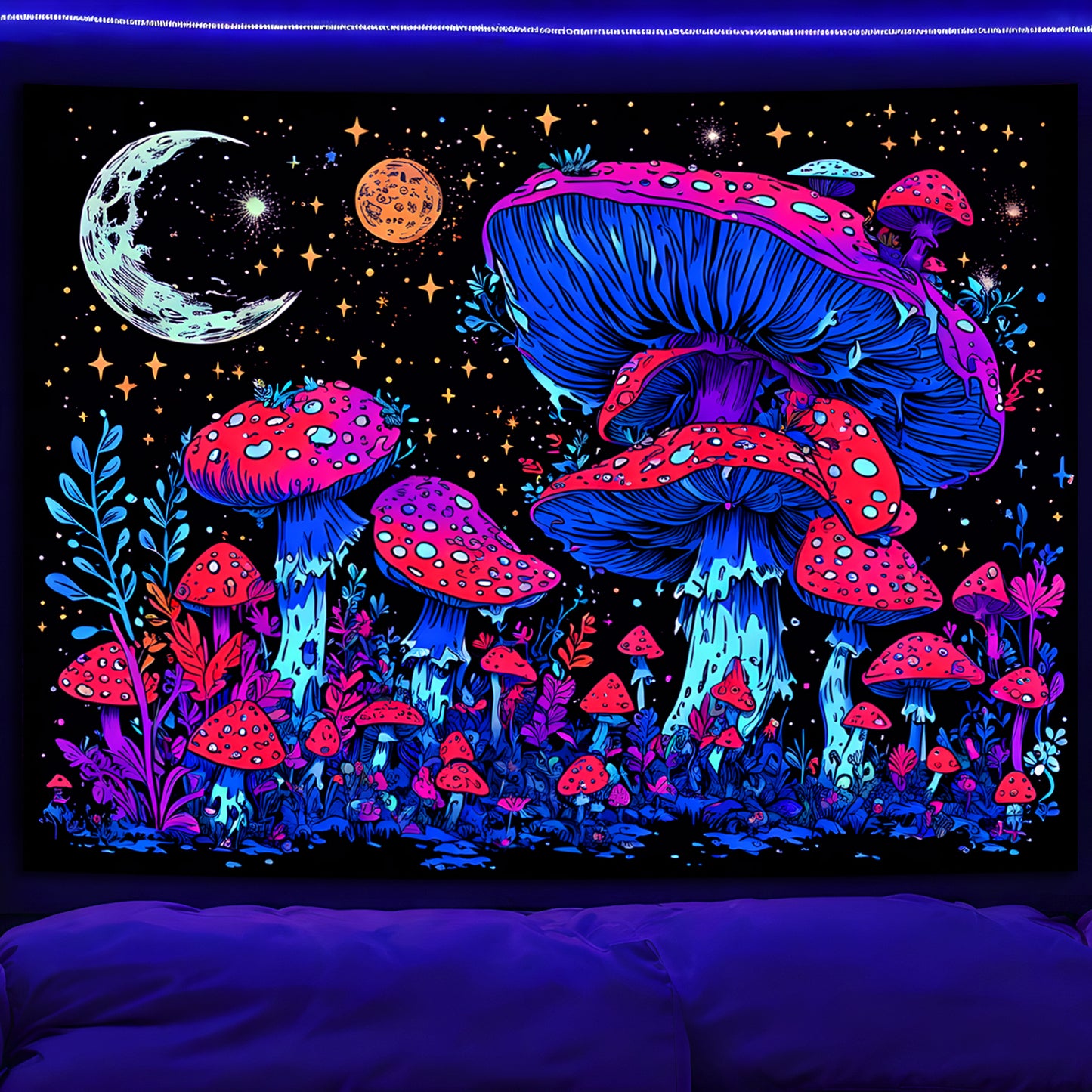 Simpkeely Blacklight Mushroom Tapestry - UV Reactive Glow in the Dark Mystical Night with Moon & Plant Fantasy Wall Hanging for Bedroom & Living Room