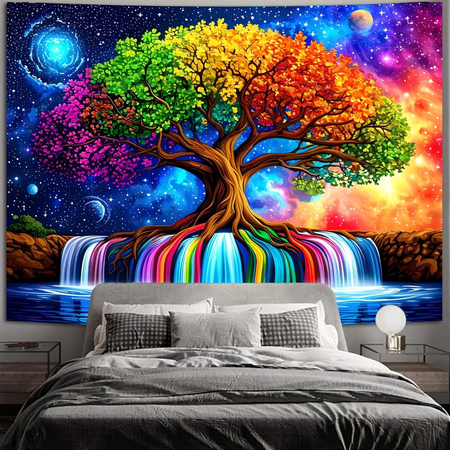 Simpkeely Blacklight Tree of Life Tapestry – UV Reactive Fantasy Colorful Rainbow Waterfall Wall Hanging, Glow in the Dark Galaxy Nature Poster for Bedroom, Living Room, Dorm