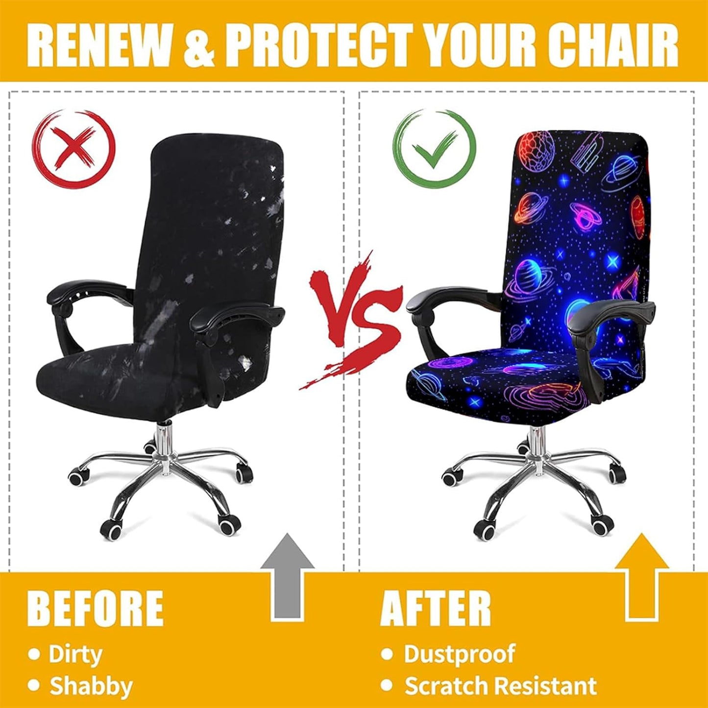 Simpkeely Blacklight Stretch Printed Computer Office Chair Covers, UV Reactive Celestial Universe Universal Desk Rotating Chair Slipcovers, Glow in The Dark Chair Protector Cover with Zipper
