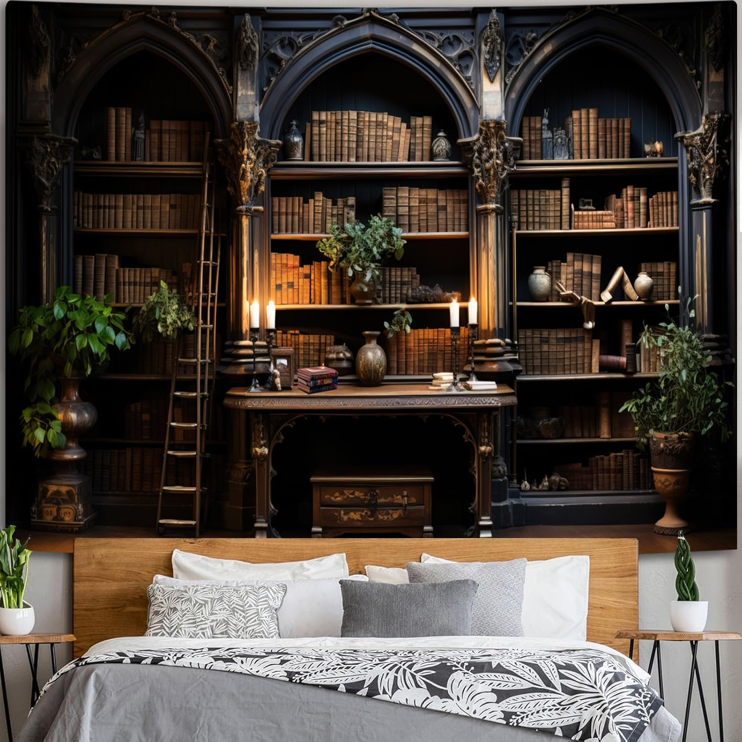 Simpkeely Gothic Bookshelf Tapestry Vintage Medieval Old Library Tapestries Student Book Office Bedroom Wall Art College Dorm Decor