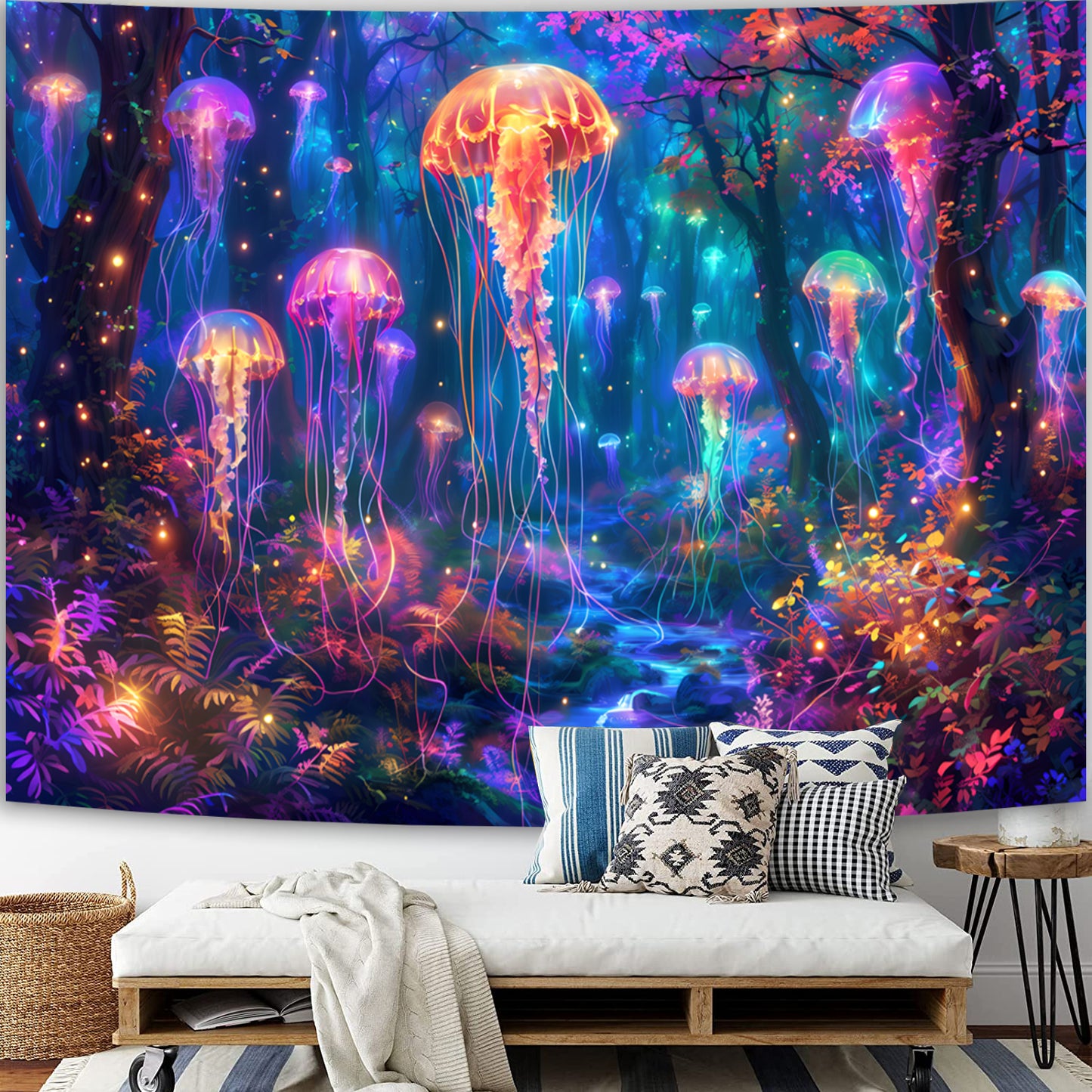 Simpkeely Blacklight Jellyfish Forest Tapestry, UV Reactive Fantasy Vibrant Neon Art Decor, Glow in the Dark Aquatic Life Wall Hanging Tapestries for Bedroom, Living Room