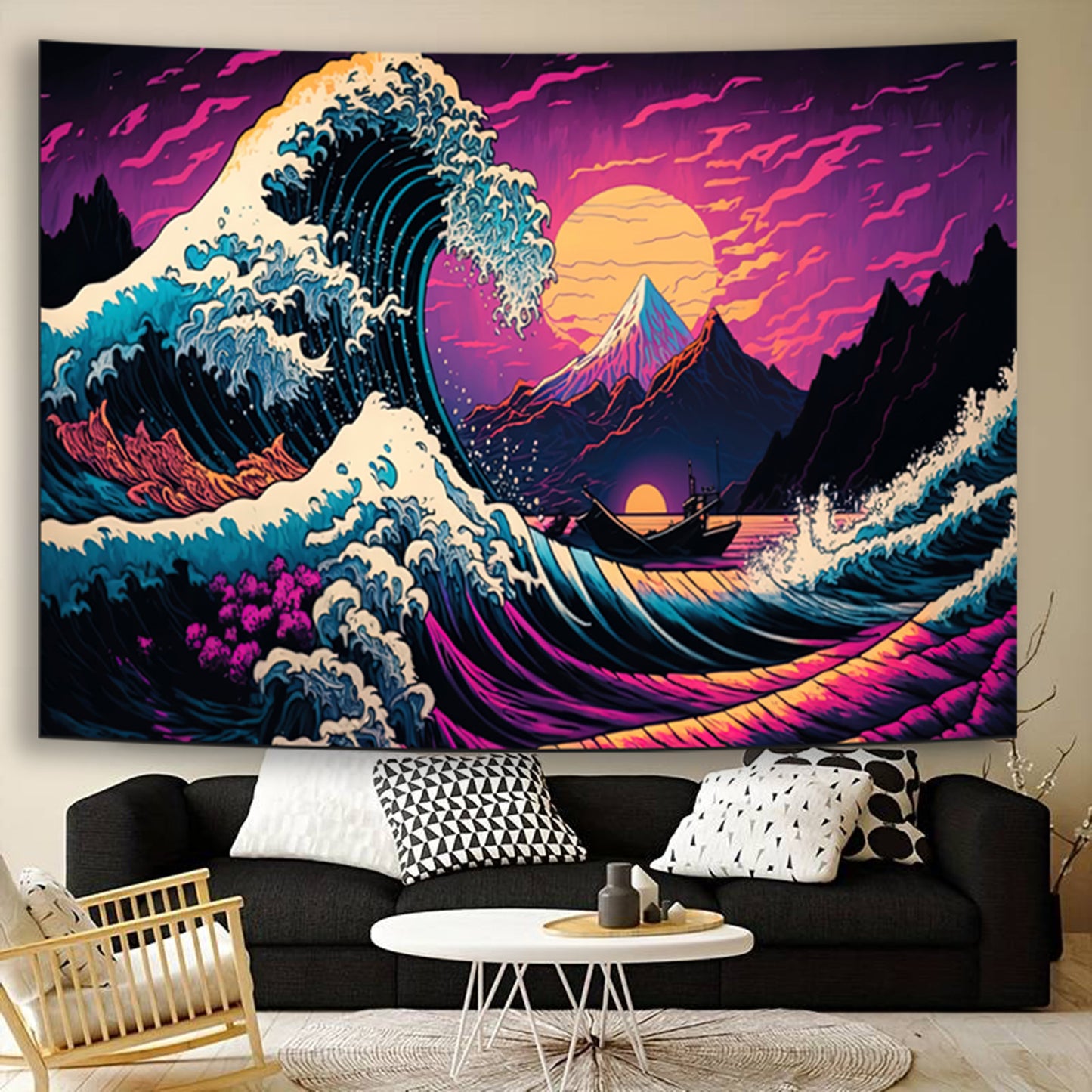 Simpkeely Japanese Sea Wave Tapestry, Blacklight Kanagawa Neon Sunset Ocean Tapestries Wall Hanging, UV Reactive Cool Tsunami Tapestry Wall Art for Bedroom, Living Room