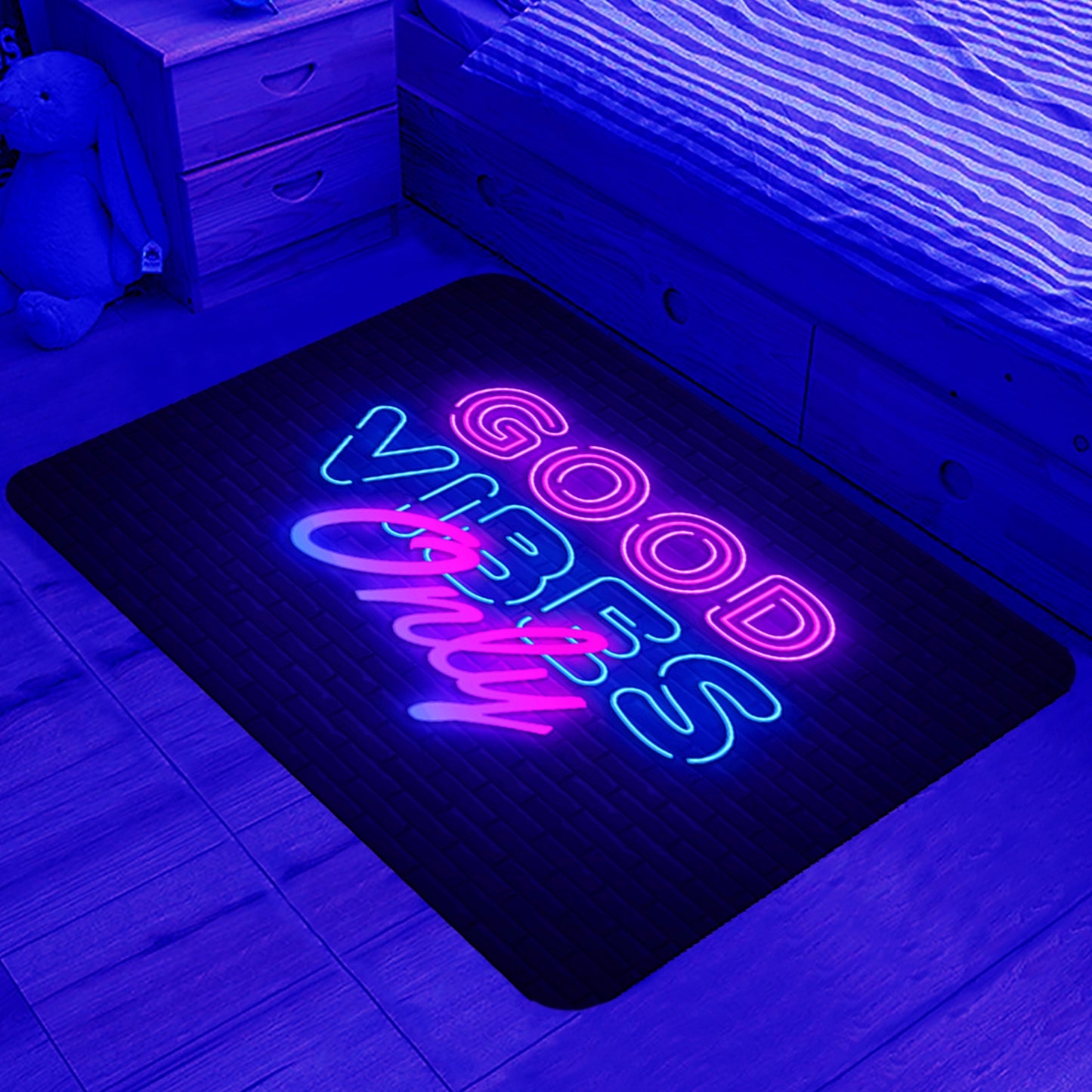 Simpkeely Neon Area Rug, Blacklight Good Vibes Only UV Reactive Non-Slip Door Throw Rug Fluorescent Flannel Floor Mat Carpet, Glow in The Dark Play Mat for Bedroom, Playroom