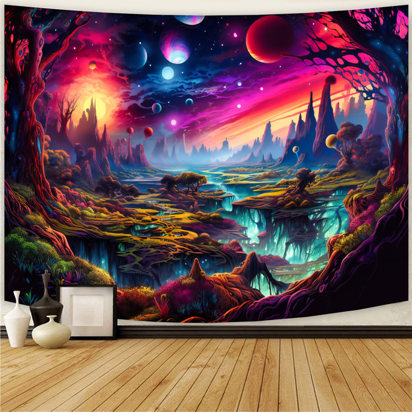 Simpkeely Fantasy Planet Tapestry Blacklight Landscape UV Reactive Galaxy Glowing Tapestries Wall Hanging