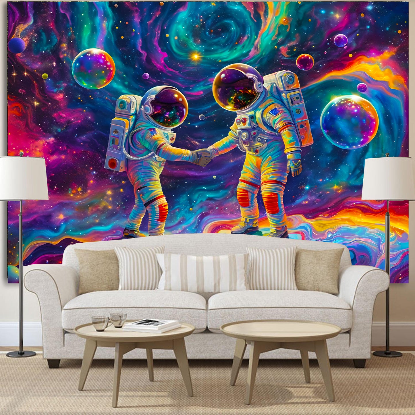 Simpkeely Blacklight Astronaut Handshake Tapestry, UV Reactive Galaxy Colorful Space Wall Hanging Tapestries, Fantasy Starry Sky Glow in The Dark Tapestry for Bedroom, Living Room