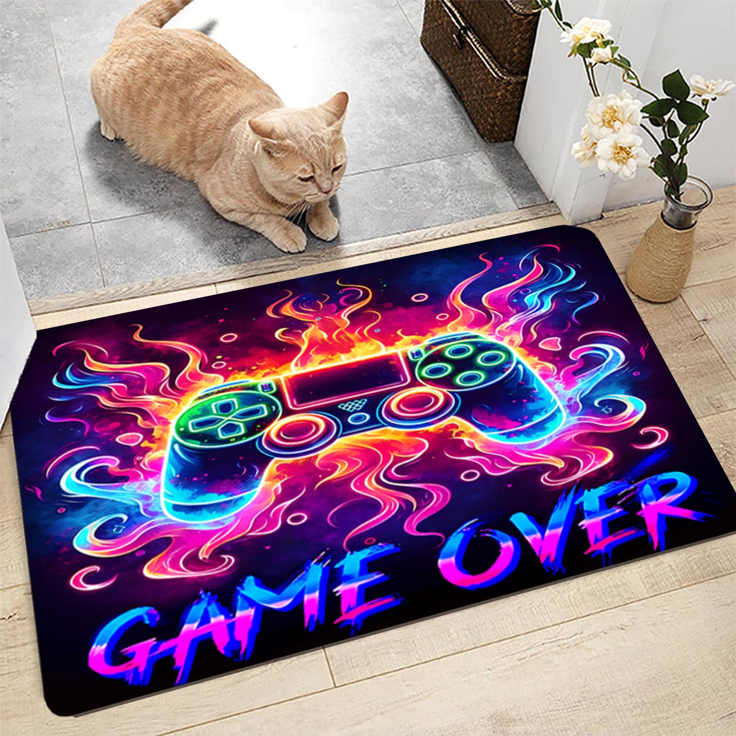 Simpkeely Neon Gaming Area Rug, Blacklight UV Reactive Game Controller Non-Slip Door Throw Rug Fluorescent Flannel Floor Mat Carpet, Glow in The Dark Play Mat for Bedroom, Playroom