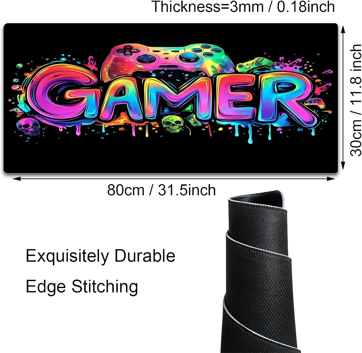 Simpkeely Gamer Gaming Mouse Pad, Blacklight Game Controller Horror Skull Waterproof Large Mouse Mat, 31.5" x 11.8" Skeleton Glowing Extended Non-Slip Rubber Base, Office & Home Keyboard Pad