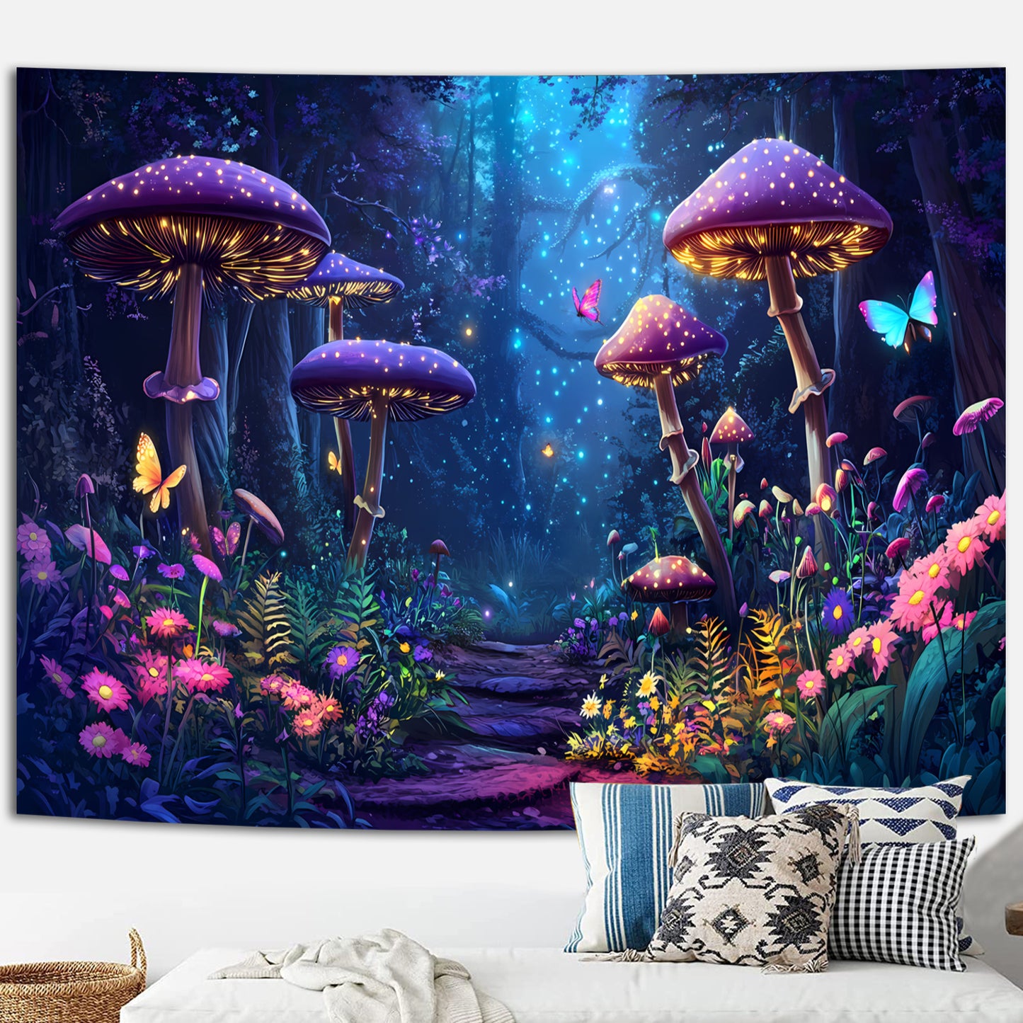 Simpkeely Blacklight Fantasy Mushroom Forest Tapestry - UV Reactive Glow in The Dark Enchanted Nature Wall Hanging, Purple Neon Fairycore Aesthetic Decor for Bedroom & Living Room