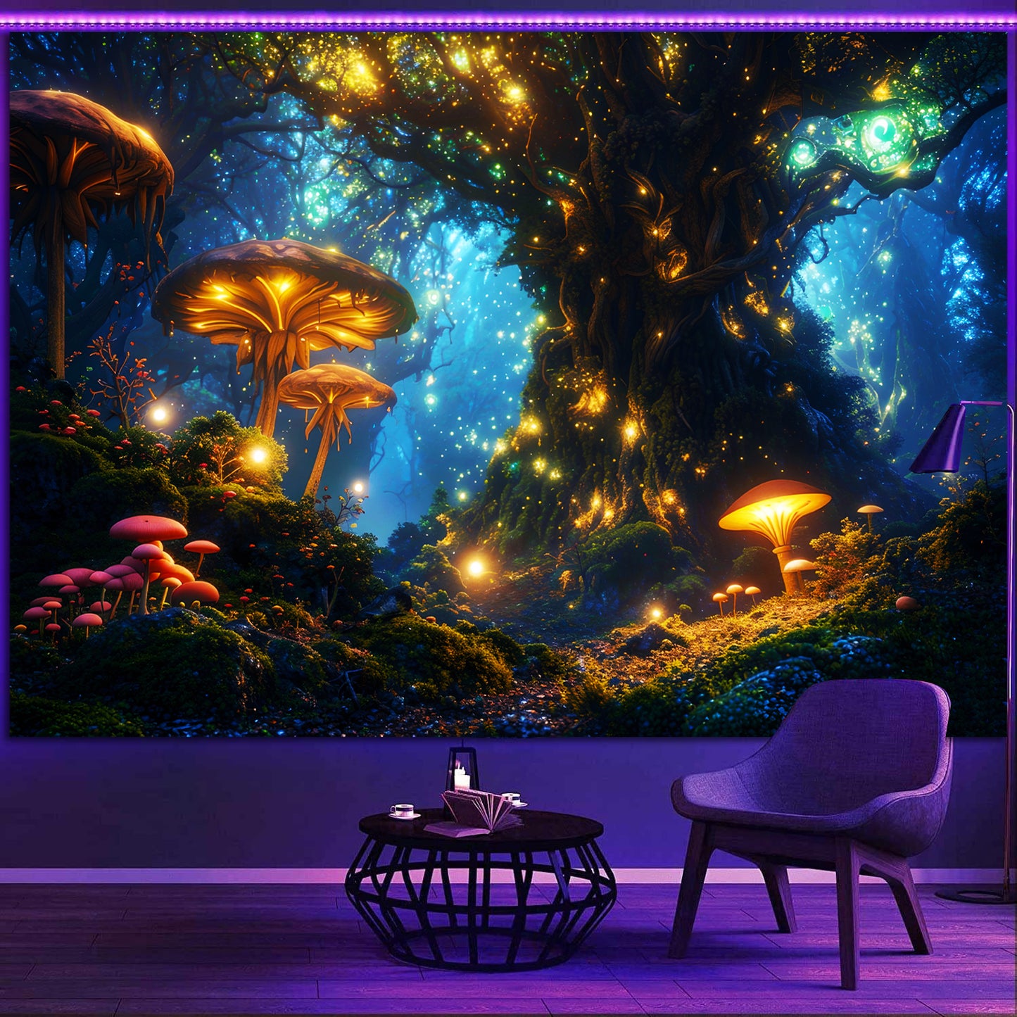 Simpkeely Blacklight Fantasy Mushroom Forest Tapestry, Magical Elves Fairy Fireflies Tree of Life UV Reactive Neon Nature Landscape Wall Hanging Tapestries for Bedroom, Living Room