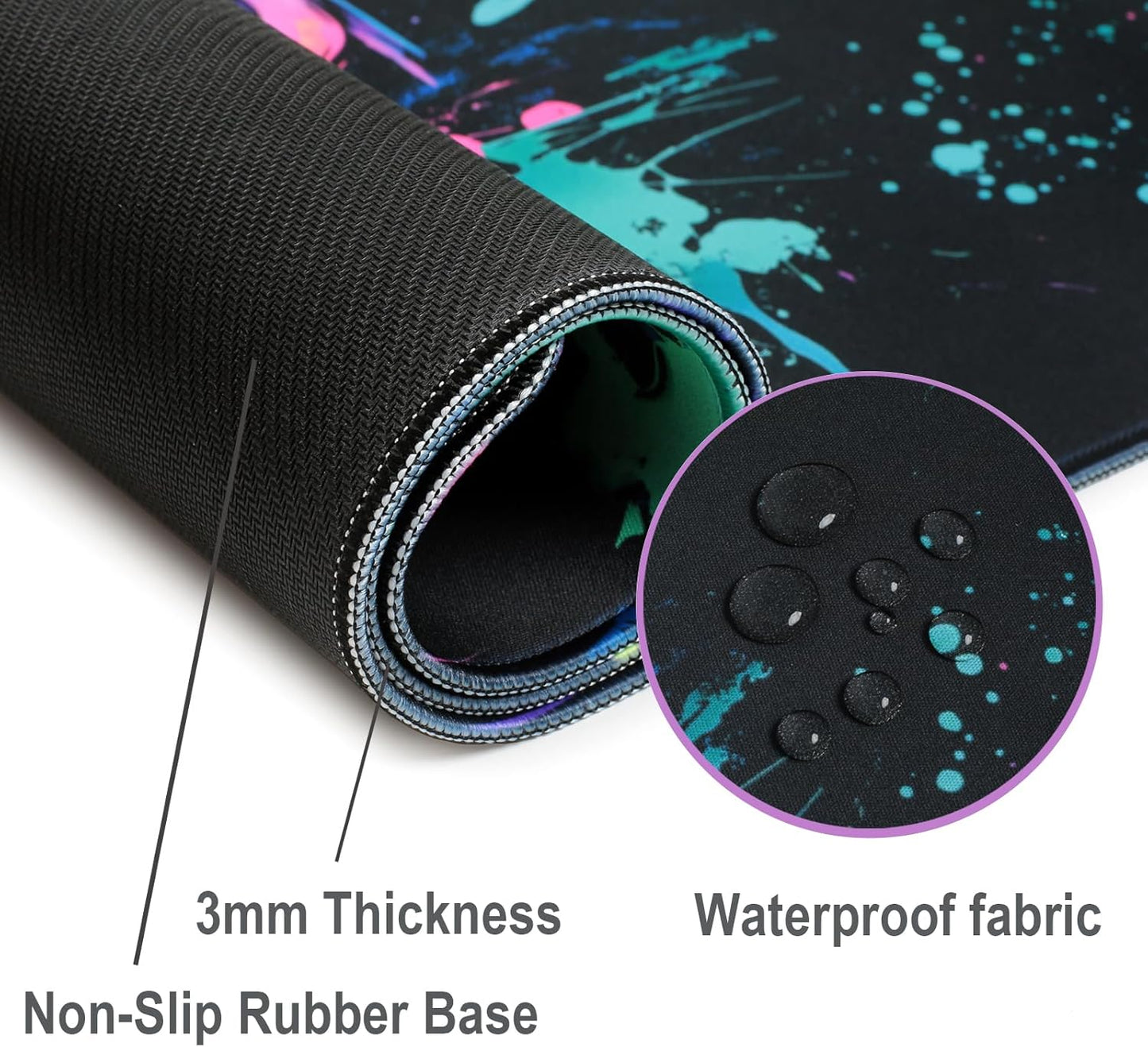 Simpkeely Gaming Mouse Pad, X-Large Waterproof Blacklight Colorful Splatter Art Game Controller Non-Slip Rubber Base Mousemat, Glow in The Dark Desk Mat for Office Home - 31.5" x 11.8"