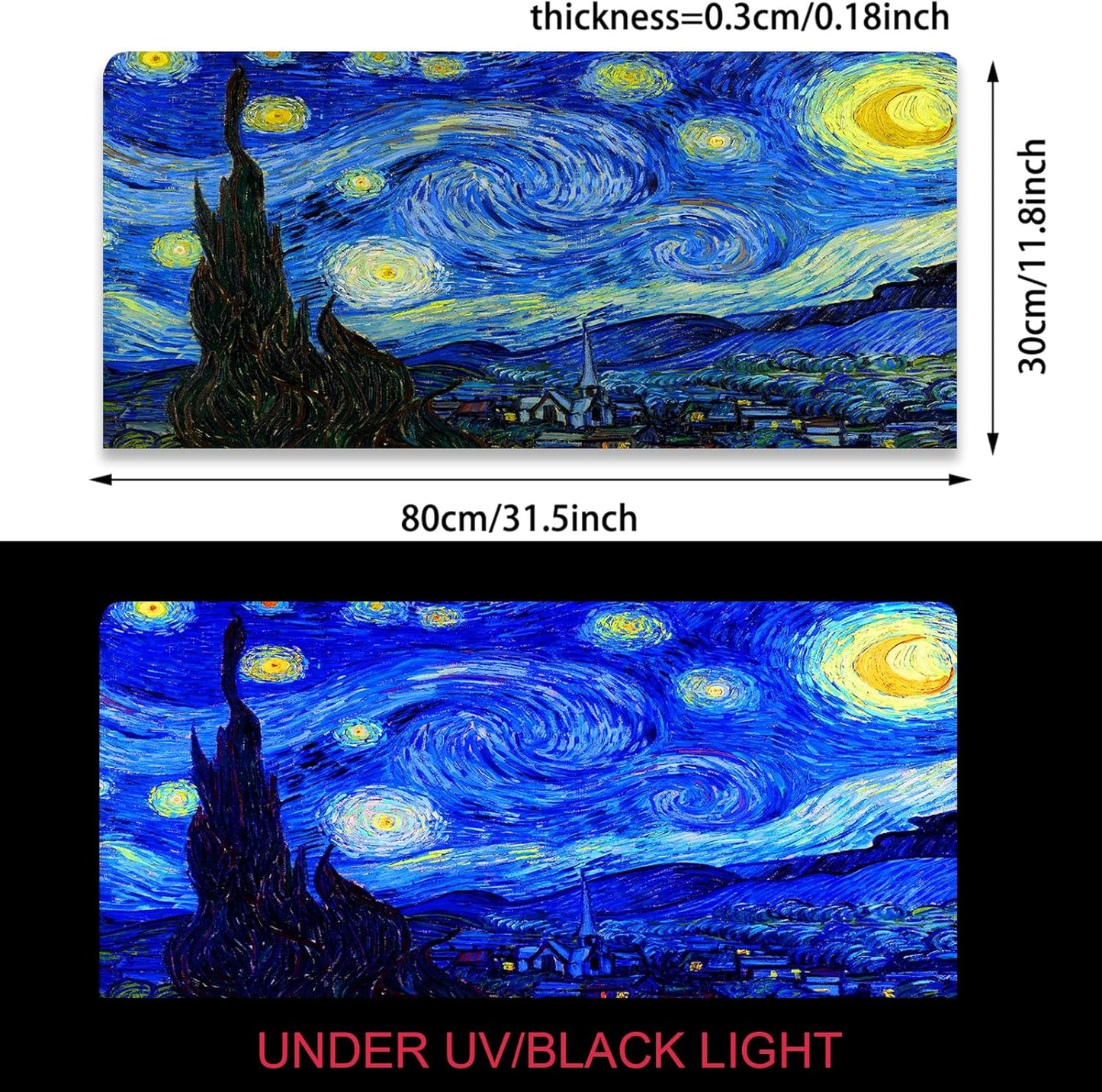 Simpkeely Blacklight Starry Night Mouse Pad, Van Gogh Painting Gaming Extended Large Desk Pad, UV Reactive Long Big Mouse Mat with 3mm Non-Slip Rubber Base for Office Home