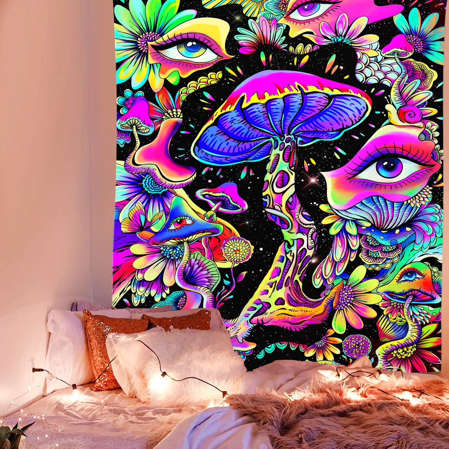 Simpkeely Blacklight Mushroom Tapestry, Floral Eyes Tapestry UV Reactive Neon Tapestries Posters Glow in the Dark Party Backdrop for Bedroom Dorm Living Room