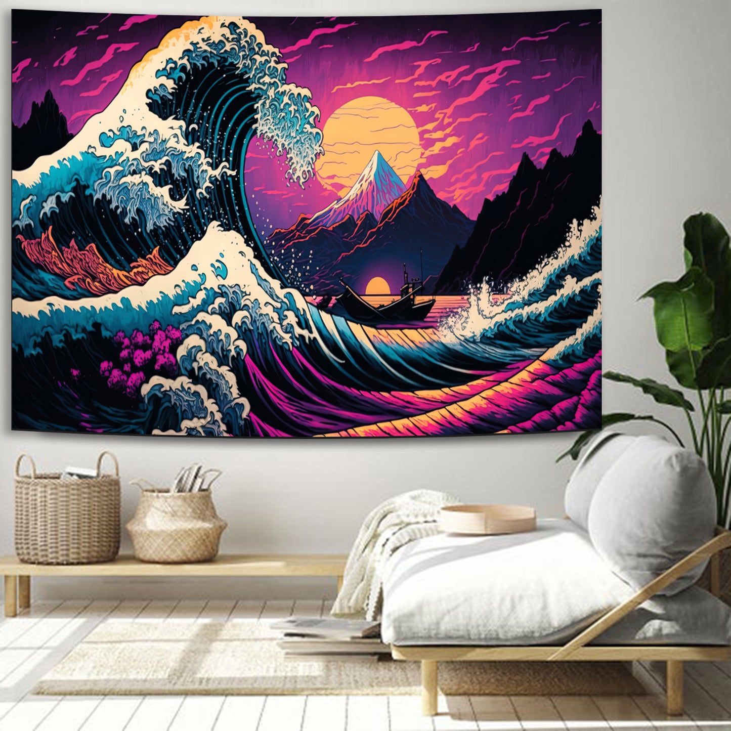 Simpkeely Japanese Sea Wave Tapestry, Blacklight Kanagawa Neon Sunset Ocean Tapestries Wall Hanging, UV Reactive Cool Tsunami Tapestry Wall Art for Bedroom, Living Room