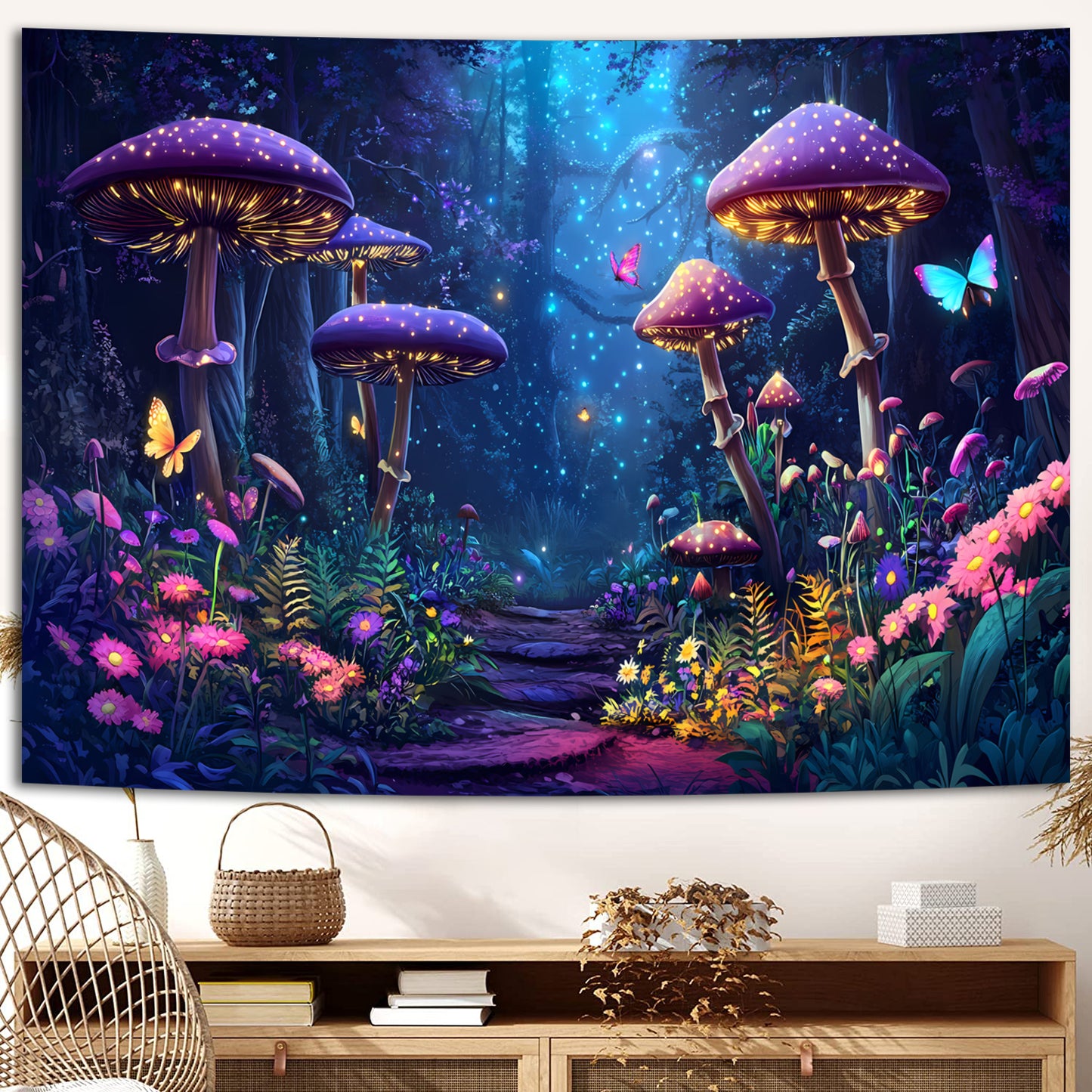 Simpkeely Blacklight Fantasy Mushroom Forest Tapestry - UV Reactive Glow in The Dark Enchanted Nature Wall Hanging, Purple Neon Fairycore Aesthetic Decor for Bedroom & Living Room