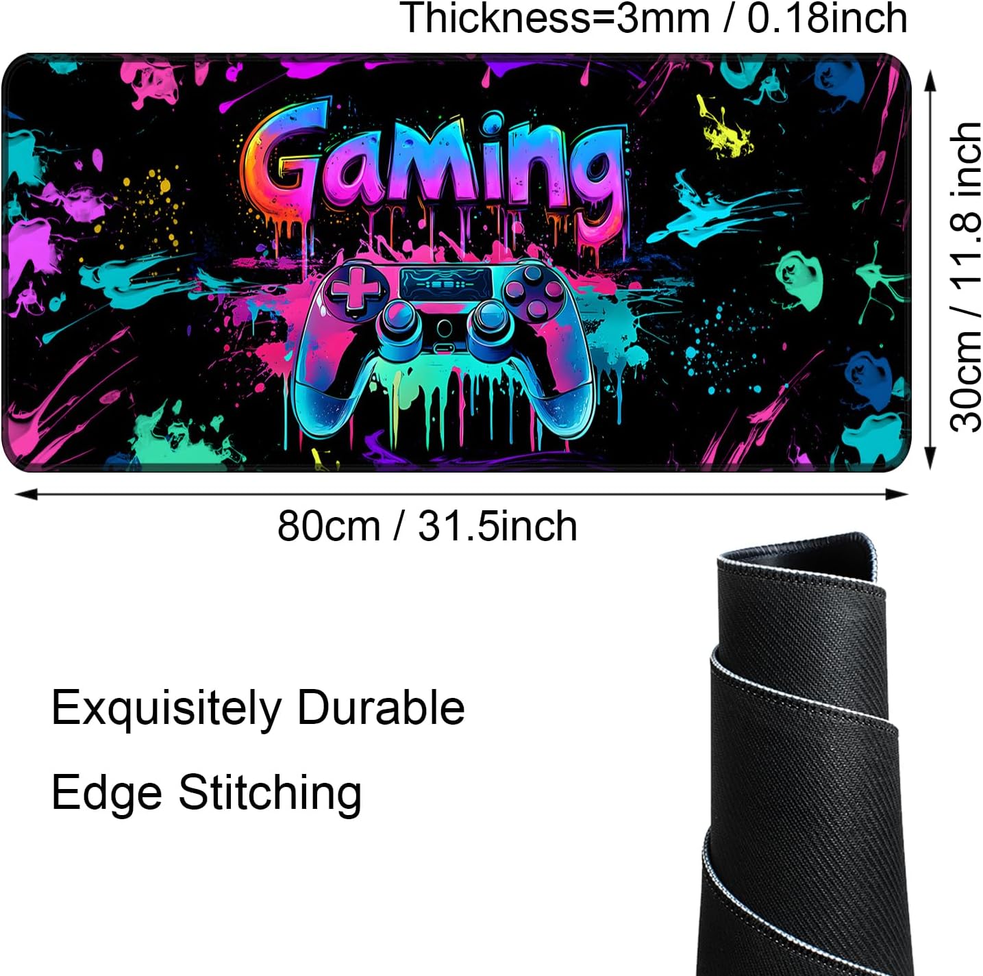 Simpkeely Gaming Mouse Pad, X-Large Waterproof Blacklight Colorful Splatter Art Game Controller Non-Slip Rubber Base Mousemat, Glow in The Dark Desk Mat for Office Home - 31.5" x 11.8"