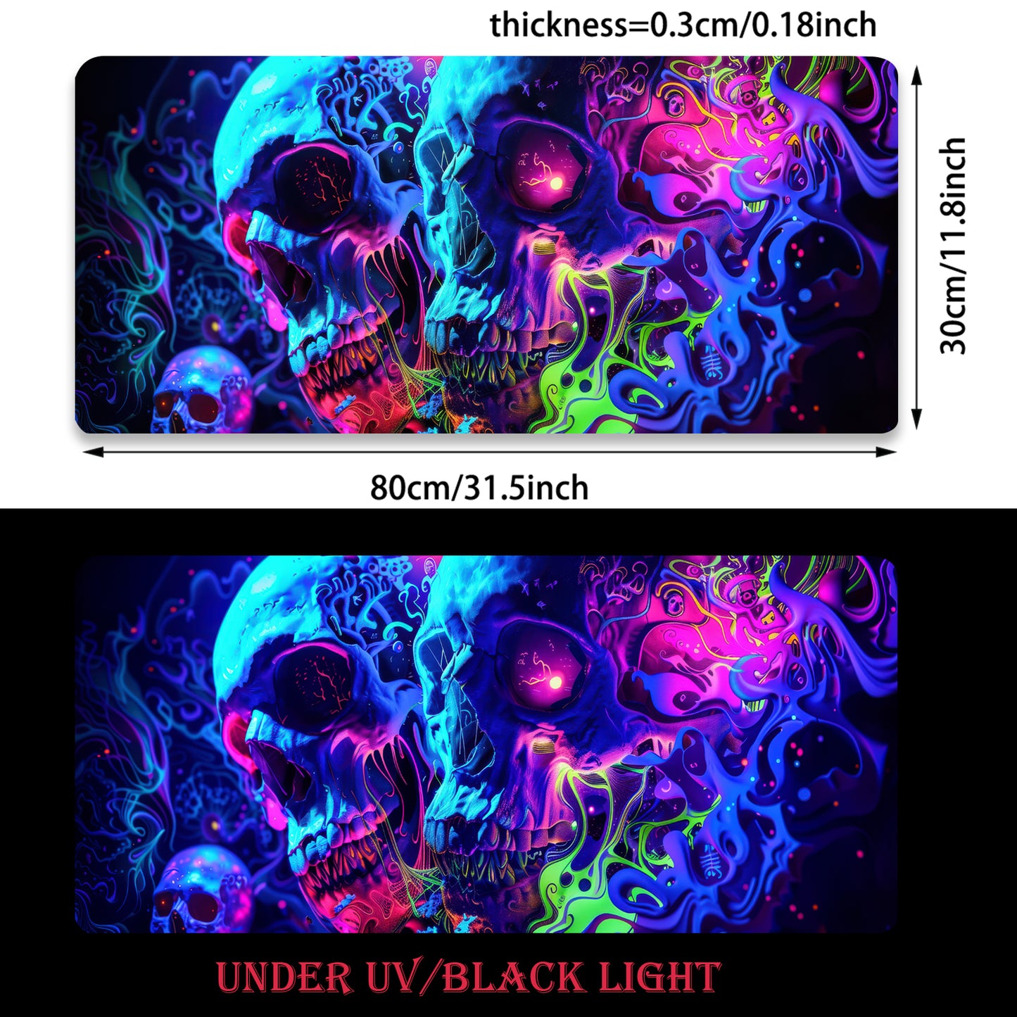 Simpkeely Horror Skull Mouse Pad, Large Waterproof Blacklight Colorful Skeleton Neon Gaming Non-Slip Rubber Base Mousemat, Glow in The Dark Abstract Desk Mat for Office Home
