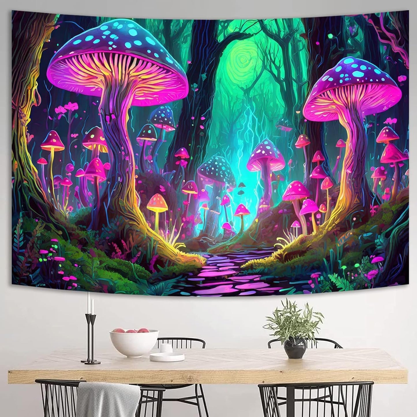 Simpkeely Fantasy Mushroom Tapestry Blacklight Neon Glow Forest Tapestry Wall Hanging Magical Landscape Wall Art for Bedroom