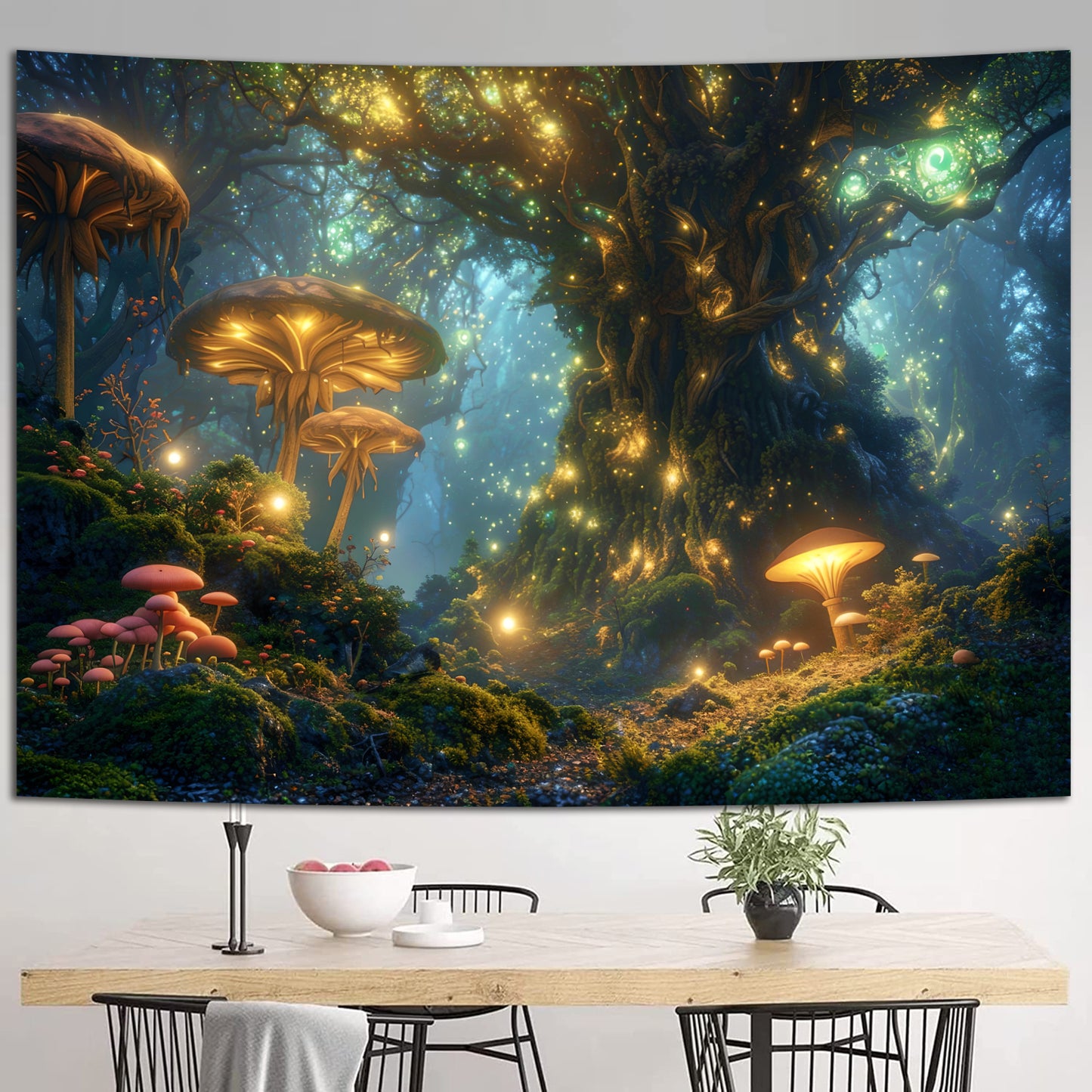 Simpkeely Blacklight Fantasy Mushroom Forest Tapestry, Magical Elves Fairy Fireflies Tree of Life UV Reactive Neon Nature Landscape Wall Hanging Tapestries for Bedroom, Living Room