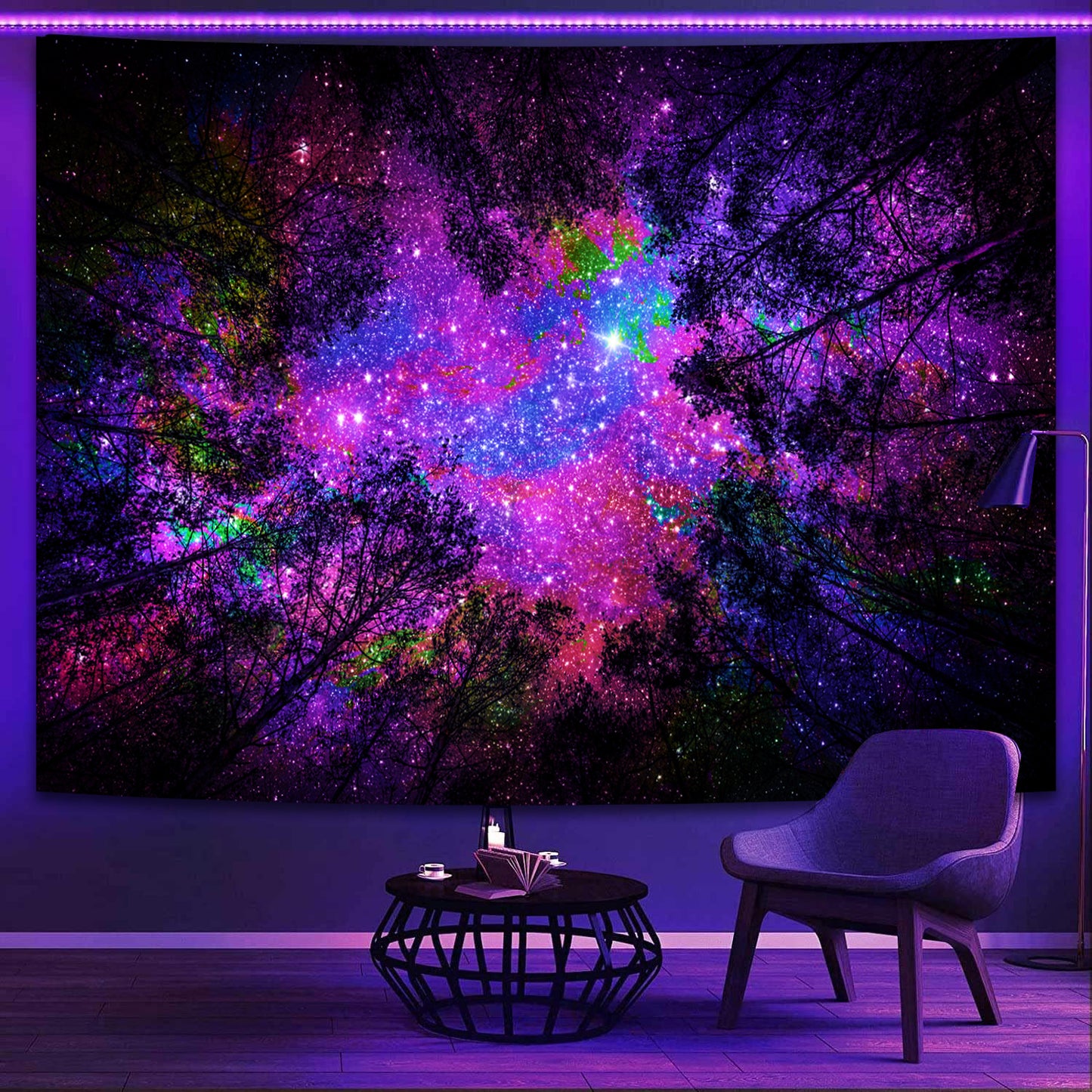 Simpkeely Blacklight Starry Sky Tapestry, Fantasy Forest Space Galaxy Night Nature Scenery Wall Hanging Tapestry, Aesthetic Landscape Wall Art Tapestries for Bedroom, Living Room