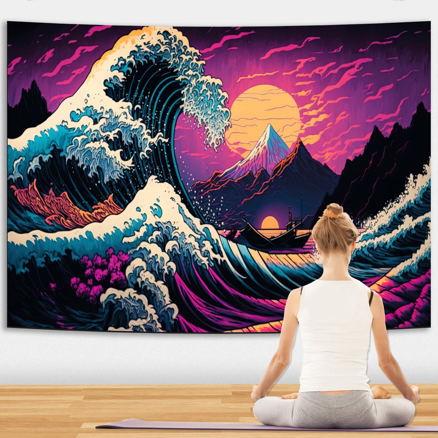Simpkeely Japanese Sea Wave Tapestry, Blacklight Kanagawa Neon Sunset Ocean Tapestries Wall Hanging, UV Reactive Cool Tsunami Tapestry Wall Art for Bedroom, Living Room