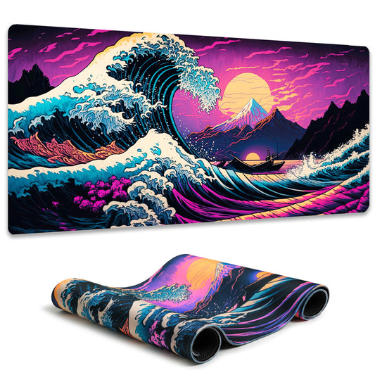 Simpkeely Large Japanese Sea Wave Gaming Mouse Pad - Blacklight Kanagawa Waterproof Desk Mat, Extended Non-Slip Rubber Base, Office & Home Computer Keyboard Pad